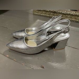 Silver sling back pumps